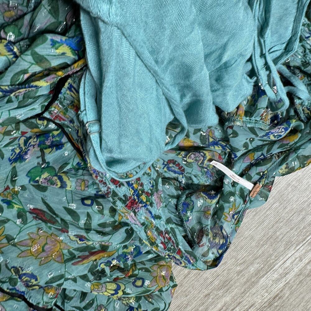 Free People Metallic Floral Midi Dress XS Puff Sleeve Light Blue Lined Oversized - Picture 4 of 9